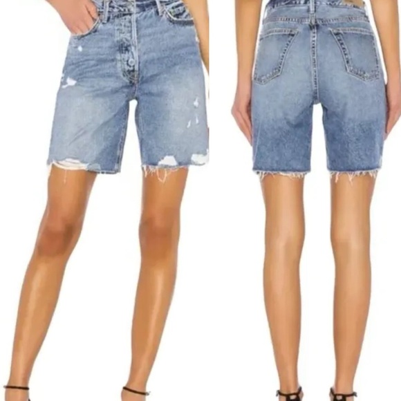 Revolve Grlfrnd Step It‎ Up Distressed Bermuda Denim Shorts 25 High Rise Marjan - Picture 2 of 10